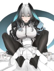 Rule 34 | 1boy, 1girl, aqua eyes, aqua nails, aqua tail, arknights, black pantyhose, breasts, dorsiflexion, erection, feet, footjob, footjob over clothes, grey hair, head wings, highres, ho&#039;olheyak (arknights), knees up, large breasts, looking down, medium hair, no shoes, pantyhose, saliva, simple background, sitting, smile, toes, tongue, tongue out, two-footed footjob, very long tail, white background, wings