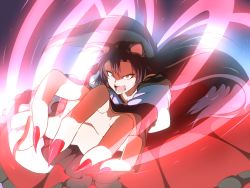 Rule 34 | 1girl, action, aiming, aiming at viewer, angry, animal ears, anime coloring, brown hair, dress, fangs, fingernails, foreshortening, frilled sleeves, frills, gradient background, imaizumi kagerou, light trail, long hair, long sleeves, looking at viewer, nail polish, open mouth, red eyes, sharp fingernails, shinori, solo, tail, teeth, touhou, tsurime, wolf ears, wolf tail