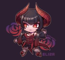 Rule 34 | 1girl, black hair, blunt bangs, breasts, character name, chest tattoo, chibi, claws, cleavage, closed mouth, demon horns, demon tail, detached sleeves, eliza (tekken), flower, footwear flower, full body, grey thighhighs, horns, kotorai, looking to the side, medium breasts, red eyes, red flower, red horns, red rose, red shirt, red tail, rose, shirt, signature, slit pupils, solo, tail, tattoo, tekken, thighhighs