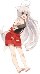 Rule 34 | 1girl, :d, absurdres, ahoge, animal ears, arms behind back, backless outfit, bare legs, barefoot, black shirt, breasts, chiya (urara meirochou), cleavage, collarbone, dog ears, dog tail, full body, hair between eyes, highres, kemonomimi mode, leaning forward, long hair, looking at viewer, medium breasts, open mouth, red eyes, red skirt, shirt, silver hair, simple background, skirt, sleeveless, sleeveless shirt, smile, solo, strap slip, tail, toes, urara meirochou, very long hair, white background, xiaoyu