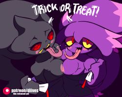Rule 34 | 2girls, animated, animated gif, artist name, banette, blush, breasts, clothes pull, collarbone, colored sclera, creatures (company), diives, dress, dress pull, english text, female focus, furry, furry female, game freak, gen 3 pokemon, gen 4 pokemon, ghost, half-closed eyes, halloween, hand up, long tongue, looking at viewer, mismagius, multiple girls, nintendo, nipples, no bra, open mouth, patreon logo, patreon username, personification, pokemon, pokemon (creature), pokemon dppt, pokemon rse, purple background, purple dress, red eyes, red sclera, saliva, short dress, simple background, smile, talking, teeth, text focus, tongue, tongue out, watermark, yellow sclera, yuri