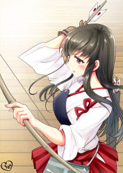 Rule 34 | 10s, 1girl, akagi (kancolle), arrow (projectile), blush, bow (weapon), breasts, brown eyes, brown hair, chize, gloves, gradient background, japanese clothes, kantai collection, long hair, muneate, single glove, solo, striped, striped background, weapon