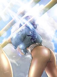 Rule 34 | 1girl, andalucia (girls und panzer), artist name, ass, black hair, blue sky, carrying, cloud, cloudy sky, commentary, dark-skinned female, dark skin, day, dougi, from behind, front-tie top, fundoshi, girls und panzer, highres, hiyama yuu (wee259hiyama), japanese clothes, leaning forward, lens flare, outdoors, shirt, short hair, short sleeves, signature, sky, solo, sunlight, sweat, textless version, very sweaty, white shirt