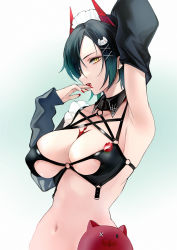 Rule 34 | 1girl, absurdres, areola slip, arm behind head, armpits, azur lane, bikini, bikini top only, black bikini, black collar, black hair, black sleeves, blonde hair, bottomless, breast strap, breasts, cat hair ornament, cl (summer sama), collar, detached sleeves, hair ornament, hair over one eye, highres, horns, large breasts, licking, licking finger, long sleeves, looking at viewer, maid headdress, mechanical horns, nail polish, navel, non-humanoid robot, o-ring, o-ring top, official alternate costume, red lips, red nails, robot, robot animal, short hair, solo, stomach, swimsuit, tongue, tongue out, ulrich von hutten (azur lane), ulrich von hutten (mayhem maid) (azur lane), x hair ornament, yellow eyes