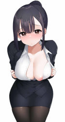 Rule 34 | 1girl, black hair, blush, breasts, brown eyes, brown pantyhose, cleavage, large breasts, looking at viewer, nipple slip, nipples, office lady, open clothes, original, pantyhose, pencil skirt, presenting, shirt, short hair, simple background, skirt, solo, terazip, white background, white shirt