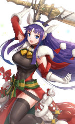 Rule 34 | 1girl, :d, abs, absurdres, alondite, altina (fire emblem), altina (winter) (fire emblem), animal ears, antlers, bare shoulders, bell, black thighhighs, blue eyes, boots, box, breasts, candy, candy cane, christmas, covered navel, deer ears, fake antlers, fire emblem, fire emblem: radiant dawn, fire emblem heroes, food, gift, gift box, gloves, gonzarez, highres, holding, holding sword, holding weapon, horns, huge weapon, large breasts, long hair, muscular, nintendo, open mouth, purple hair, reindeer antlers, sack, simple background, skin tight, smile, solo, sword, thighhighs, weapon, white background, white gloves, zettai ryouiki