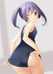 Rule 34 | 1girl, adjusting clothes, adjusting swimsuit, ass, black one-piece swimsuit, brown eyes, commentary request, cowboy shot, from behind, highres, long hair, looking at viewer, looking back, one-piece swimsuit, one eye closed, original, purple hair, school swimsuit, shibacha, solo, swimsuit