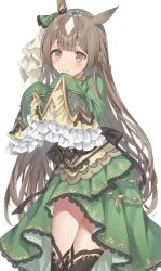 Rule 34 | 1girl, animal ears, black thighhighs, blush, brown eyes, brown hair, closed mouth, cowboy shot, dress, frilled dress, frilled sleeves, frills, green dress, highres, horse ears, horse girl, long hair, looking at viewer, multicolored hair, oshage (osyage921), satono diamond (umamusume), simple background, sleeves past fingers, sleeves past wrists, smile, solo, thighhighs, umamusume, white background
