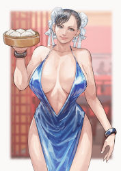 Rule 34 | 1girl, absurdres, alternate breast size, baozi, black hair, blue dress, blurry, blurry background, bodycon, bracelet, breasts, bun cover, capcom, chun-li, cirenk, double bun, dress, dumpling, food, hair bun, highres, holding, holding tray, huge breasts, jewelry, jiaozi, looking at viewer, no bra, side slit, smile, solo, street fighter, tray