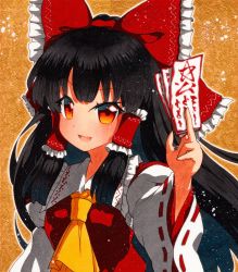 Rule 34 | 1girl, bad id, bad pixiv id, bare shoulders, black hair, bow, breasts, collar, dress, hair tubes, hakurei reimu, hand up, long hair, long sleeves, looking at viewer, medium breasts, multicolored eyes, open mouth, orange background, orange eyes, qqqrinkappp, red bow, red dress, red eyes, shikishi, smile, solo, touhou, traditional media, white collar, white sleeves, yellow eyes, yellow neckwear