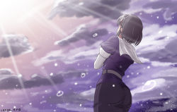 Rule 34 | 1girl, after rain, ass, back, belt, black hair, black skirt, blouse, cloud, cloudy sky, cocoa (cocoa0191), cowboy shot, elbow gloves, gloves, haguro (kancolle), hair ornament, hands on own chest, kantai collection, looking afar, looking up, ocean, outdoors, pleated skirt, purple shirt, sailor collar, scenery, shirt, short hair, short sleeves, skirt, sky, solo, standing, sun, sunlight, twitter username, water, water drop, white gloves, white sailor collar
