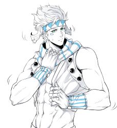 Rule 34 | 1boy, abs, aqua eyes, caesar anthonio zeppeli, covered navel, cropped vest, facial mark, fingerless gloves, gloves, headband, highres, jojo no kimyou na bouken, male focus, monochrome, motion lines, muscular, official alternate costume, scarf, shin (840573976), solo, spot color, striped clothes, striped scarf, upper body, vest, winged hair ornament