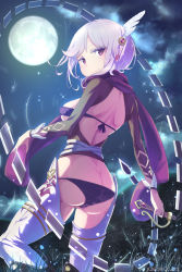 Rule 34 | 1girl, ass, backless outfit, bad id, bad pixiv id, bikini, black bikini, breasts, butt crack, closed mouth, cloud, cloudy sky, from behind, full moon, holding, holding sword, holding weapon, holding whip, light purple hair, looking at viewer, looking back, loup, medium breasts, micro bikini, moon, night, night sky, original, outdoors, purple eyes, purple hair, purple scarf, scarf, short hair with long locks, sideboob, sky, smile, solo, swimsuit, sword, thighhighs, watermark, weapon, whip, whip sword, white thighhighs