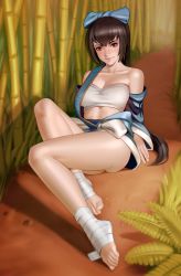 Rule 34 | 1girl, absurdres, asymmetrical clothes, bandaged foot, bandages, barefoot, black hair, blue kimono, blue ribbon, bra, breasts, commentary, commission, dorothy blade, english commentary, hair ribbon, highres, japanese clothes, kairunoburogu, kimono, legs, long hair, medium breasts, off shoulder, ribbon, samurai of oz, sitting, solo, strapless, strapless bra, toes, underwear