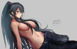 Rule 34 | 1girl, black hair, blush, breasts, closed mouth, denim, grey background, hair censor, hair over breasts, haruto (harut n), jeans, kantai collection, large breasts, long hair, looking at viewer, lying, navel, no bra, pants, ponytail, red eyes, sidelocks, solo, yahagi (kancolle)