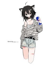 Rule 34 | 1girl, ahoge, animal ear fluff, animal ears, bags under eyes, belt, black belt, black choker, black eyes, black hair, can, cat ears, cat girl, choker, closed mouth, cowboy shot, cropped legs, fish hair ornament, glasses, grey shorts, grey undershirt, hair ornament, hand up, highres, holding, holding can, long sleeves, looking at viewer, medium hair, original, red bull, scar, scar on leg, self-harm scar, shirt, shirt tucked in, short shorts, shorts, simple background, single bare shoulder, single off shoulder, solo, spaghetti strap, standing, striped clothes, striped shirt, tsuda hayato, undershirt, white background, white shirt