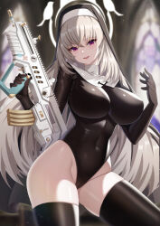 Rule 34 | 1girl, assault rifle, black gloves, black leotard, black thighhighs, blue archive, blush, breasts, bullpup, church, covered navel, gloves, grey hair, gun, habit, halo, highleg, highleg leotard, highres, holding, holding gun, holding weapon, indoors, iwi tavor, justina follower (blue archive), large breasts, latex, latex leotard, latex thighhighs, leotard, long hair, looking at viewer, nun, open mouth, purple eyes, rifle, sakurako (blue archive), solo, thighhighs, vococo, weapon, white halo