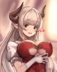Rule 34 | 10s, 1girl, :d, alicia (granblue fantasy), bad id, bad twitter id, blush, breasts, cleavage, clothing cutout, covered erect nipples, draph, earrings, fingers together, gloves, granblue fantasy, harada isuka, heart, highres, horns, jewelry, large breasts, long hair, looking at viewer, mature female, open mouth, pointy ears, puffy short sleeves, puffy sleeves, red eyes, short sleeves, silver hair, smile, solo, underboob, underboob cutout, white gloves