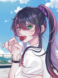 Rule 34 | 1girl, 2022, bracelet, breasts, candy, cloud, collared shirt, commentary, english commentary, fence, food, from behind, hair behind ear, highres, holding, holding candy, holding food, holding lollipop, jewelry, lollipop, long hair, medium breasts, mika melatika, miyu (meumuemu), multicolored hair, nijisanji, nijisanji id, ponytail, red hair, rooftop, shirt, sky, solo, streaked hair, twitter username, virtual youtuber, white shirt