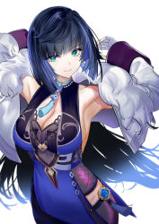 Rule 34 | 1girl, absurdres, armpits, arms up, blue dress, blue hair, breasts, cleavage, dated, diagonal bangs, dice, dress, feather-trimmed jacket, fingerless gloves, fishnets, genshin impact, gloves, green eyes, highres, jacket, jacket on shoulders, large breasts, looking at viewer, mole, mole on breast, multicolored hair, parted lips, short hair, sleeveless, sleeveless dress, smile, solo, srpzk, two-tone hair, vision (genshin impact), white background, white gloves, white jacket, yelan (genshin impact)