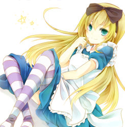 Rule 34 | 1girl, alice (alice in wonderland), alice in wonderland, aqua eyes, bad id, bad pixiv id, blonde hair, hairband, long hair, looking at viewer, no shoes, sitting, smile, solo, striped clothes, striped thighhighs, thighhighs, yonema