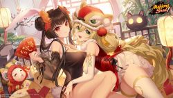 Rule 34 | 2girls, alternate costume, animal ears, black dress, black hair, blonde hair, breasts, china dress, chinese clothes, dress, eliisa (mahjong soul), green eyes, highres, kaguyahime (mahjong soul), large breasts, leaning forward, looking at viewer, mahjong soul, multiple girls, rabbit ears, rabbit tail, red dress, red eyes, tail, thighhighs