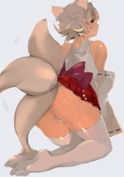 Rule 34 | animal ears, arm support, ass, bare shoulders, blonde hair, bow, bulge, corrin (fire emblem), corrin (male) (fire emblem), crossdressing, fire emblem, fire emblem fates, fox boy, fox ears, fox tail, from behind, highres, japanese clothes, kneeling, looking at viewer, miko, miniskirt, multiple tails, nintendo, pointy ears, red eyes, skirt, tail, tail wagging, thighhighs, translation request, trap, w (1999 kyu)