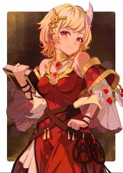 Rule 34 | 1girl, bare shoulders, blonde hair, blush, book, breasts, citrinne (fire emblem), cleavage, detached sleeves, dress, earrings, fire emblem, fire emblem engage, frills, gbbgb321, hair ornament, highres, holding, holding book, jewelry, looking at viewer, medium breasts, nintendo, red eyes, short hair, smile, solo