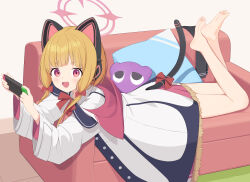Rule 34 | 1girl, :d, absurdres, animal ear headphones, animal ears, aqoot, barefoot, blonde hair, blue archive, blunt bangs, blush, bow, bowtie, cat ear headphones, cat tail, collared shirt, commentary request, couch, fake animal ears, feet, feet up, full body, hair bow, halo, handheld game console, headphones, highres, holding, holding handheld game console, hood, hood down, hooded jacket, jacket, looking at viewer, lying, medium hair, momoi (blue archive), multicolored clothes, multicolored jacket, on couch, on stomach, open mouth, pillow, pink eyes, pink halo, red bow, red bowtie, shirt, smile, soles, solo, stuffed toy, tail, tail bow, tail ornament, teeth, the pose, toes, upper teeth only, v-shaped eyebrows, white background, white jacket, white shirt