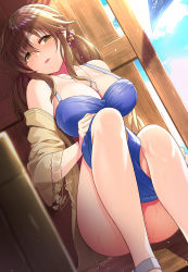 Rule 34 | 1girl, bare shoulders, bikini pull, blush, breasts, brown eyes, brown hair, cleavage, clothes pull, day, hair ornament, head tilt, heart, heart necklace, highres, idolmaster, idolmaster cinderella girls, jewelry, large breasts, long hair, looking at viewer, mk (mod0), necklace, off shoulder, open mouth, sandals, sitting, solo, thighs, totoki airi, twintails, wet