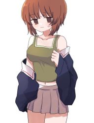 Rule 34 | 1girl, blush, breasts, brown eyes, brown hair, frown, girls und panzer, jacket, large breasts, long sleeves, midriff, navel, nishizumi miho, off shoulder, pleated skirt, ri (qrcode), short hair, skirt, solo, sweat, tank top