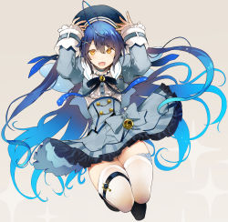Rule 34 | 1girl, :d, absurdres, ahoge, amamiya kokoro, arms up, beret, black footwear, black hat, blue hair, brown eyes, commentary request, fang, frilled skirt, frills, full body, gradient hair, grey background, grey jacket, grey skirt, hair between eyes, hat, highres, jacket, long hair, long sleeves, looking at viewer, multicolored hair, nijisanji, nishiide kengorou, open clothes, open jacket, open mouth, shirt, shoes, simple background, skirt, sleeves past wrists, smile, solo, sparkle, thighhighs, two side up, very long hair, virtual youtuber, white shirt, white thighhighs