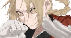 Rule 34 | 1boy, black jacket, blonde hair, blurry, braid, braided ponytail, cbow, clenched hand, coat, depth of field, edward elric, eyelashes, fighting stance, floating hair, fullmetal alchemist, gloves, hands up, highres, jacket, long hair, looking at viewer, male focus, parted bangs, parted lips, portrait, red coat, simple background, single braid, solo, white background, white gloves, yellow eyes