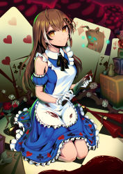 Rule 34 | 1girl, ahoge, alice (alice in wonderland), alice (alice in wonderland) (cosplay), alice in wonderland, alternate costume, apple, apron, black ribbon, blood, blood on clothes, bloody knife, blue dress, box, branch, broken cup, brown eyes, brown hair, card, checkered floor, club (shape), cosplay, cup, diamond (shape), dice, dress, earrings, flower, food, friend (nanashi mumei), fruit, gloves, hair down, hair ornament, hairclip, heart, highres, hololive, hololive english, jewelry, knife, long hair, looking at viewer, mary janes, multicolored hair, nanashi mumei, omniformblue, playing card, polearm, ribbon, rose, runes, shoes, smile, spade (shape), streaked hair, teacup, teapot, very long hair, virtual youtuber, weapon, white flower, white gloves, white rose