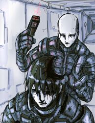Rule 34 | 1boy, 1other, absurdres, blame!, blood, brain, character request, choso giving toudou a haircut (meme), exposed brain, gun, highres, holding, holding weapon, implied death, killy, meme, mutilation, nihei tsutomu (parody), parody, robot, safeguard (blame!), scene reference, short hair, siksa3154, weapon