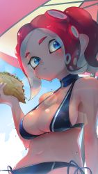Rule 34 | 1girl, :t, arm at side, bad id, bad twitter id, bikini, black bikini, blue bikini, blue eyes, blue sky, blush, breasts, closed mouth, cloud, day, eating, fingernails, food, food bite, from below, halterneck, highres, holding, holding food, kashu (hizake), lens flare, looking at viewer, medium breasts, medium hair, monster girl, navel, nintendo, octoling, octoling girl, octoling player character, outdoors, parasol, pointy ears, red hair, shade, shiny skin, side-tie bikini bottom, sideways glance, signature, sky, solo, splatoon (series), splatoon 2, splatoon 2: octo expansion, stomach, suction cups, sunlight, swimsuit, taco, tentacle hair, umbrella, water drop, wet