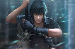 Rule 34 | 10s, 1boy, andy liong, artist name, black gloves, blue eyes, blue hair, final fantasy, final fantasy xv, fingerless gloves, gloves, highres, jacket, male focus, motion blur, noctis lucis caelum, serious, solo, sword, upper body, weapon, wind