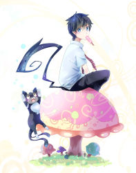 Rule 34 | 1boy, ao no exorcist, bad id, bad pixiv id, black hair, blue eyes, cat, cocoloco, food, jumping, kuro (ao no exorcist), looking at viewer, male focus, mushroom, necktie, okumura rin, pix-cocobank-loco, pointy ears, popsicle, school uniform, short hair, sitting, solo, striped necktie, striped neckwear, tail