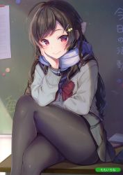 Rule 34 | 1girl, absurdres, ahoge, artist name, black pantyhose, black sailor collar, blush, bow, breasts, brown hair, chalkboard, classroom, closed mouth, crossed legs, food-themed hair ornament, grey skirt, hair bow, hair ornament, hairclip, hand on own cheek, hand on own face, head rest, highres, indoors, knee up, legs, long hair, long sleeves, looking at viewer, melon hair ornament, melonbooks, miniskirt, momoirone, on table, original, pantyhose, pink bow, pleated skirt, red eyes, sailor collar, scan, scarf, school uniform, serafuku, shiny clothes, shiny legwear, sidelocks, sitting, sitting on table, skirt, smile, solo, table, thighs