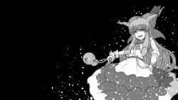 Rule 34 | 1girl, black background, bow, bowtie, chain, commentary request, cowboy shot, gourd, greyscale, hair bow, highres, horn bow, horn ornament, horns, ibuki suika, long hair, looking at viewer, monochrome, negative space, open mouth, sidelocks, skirt, sleeveless, solo, sunatoshi, touhou