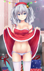 Rule 34 | 10s, 1girl, alternate costume, bare shoulders, bell, beret, blue eyes, blue panties, box, breasts, christmas, clothes lift, dress, dress lift, frilled panties, frills, gift, gift box, grey eyes, hair bell, hair ornament, hat, irohara, kantai collection, kashima (kancolle), looking at viewer, navel, panties, red dress, santa costume, side-tie panties, silver hair, smile, solo, thighhighs, twintails, underwear, wavy hair, white panties, white thighhighs