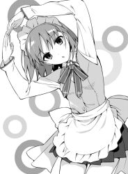 Rule 34 | 1girl, apron, arms up, bow, bowtie, circle, cowboy shot, greyscale, hanabana tsubomi, highres, hisui (tsukihime), homurahara academy school uniform, long sleeves, looking at viewer, maid headdress, monochrome, parted lips, pleated skirt, school uniform, short hair, simple background, skirt, solo, tsukihime, vest
