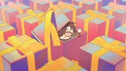 Rule 34 | 1boy, :d, ahoge, arm up, box, brown kimono, brown shirt, chibi, commentary, fang, fate/grand order, fate (series), gift, gift box, glasses, green jacket, hair over one eye, hair pulled back, haori, in box, in container, jacket, japanese clothes, kibadori rue, kimono, looking at viewer, male focus, open mouth, purple eyes, ribbon, shirt, short hair, smile, solo, symbol-only commentary, upper body, waving, yamanami keisuke (fate), yellow ribbon