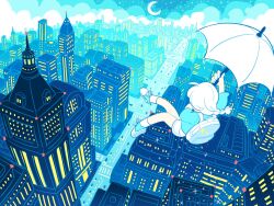 Rule 34 | 1girl, analogous colors, backpack, bag, blue footwear, blue shirt, blue theme, braid, chueog, city, crescent moon, flying, from above, from behind, highres, holding, holding umbrella, knees together feet apart, moon, night, original, road, shirt, short sleeves, shorts, sky, socks, two-handed, umbrella, white bag, white footwear, white hair, white socks, white umbrella