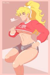 Rule 34 | 1girl, blonde hair, breasts, crop top, final fight, final fight 2, genryuusai maki, highres, long hair, long sleeves, medium breasts, ponytail, red snk, shorts, sitting, solo, street fighter, sweat, underboob
