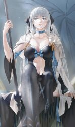 Rule 34 | 1girl, absurdres, blue eyes, bow, breasts, cleavage, fate/grand order, fate (series), grey hair, hair bow, highres, large breasts, long hair, long sleeves, looking at viewer, morgan le fay (fate), ponytail, sidelocks, solo, thighhighs, tonko from, two-tone dress, very long hair
