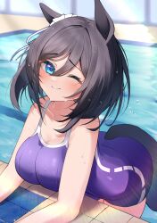 Rule 34 | 1girl, absurdres, animal ears, black hair, blue eyes, blue one-piece swimsuit, blurry, blurry background, breasts, closed mouth, clothing cutout, commentary request, competition school swimsuit, competition swimsuit, ear scrunchie, eishin flash (umamusume), highres, horse ears, horse girl, horse tail, large breasts, looking at viewer, one-piece swimsuit, one eye closed, pool, poolside, school swimsuit, short hair, shumai il, smile, solo, swimsuit, tail, tail through clothes, tracen swimsuit, umamusume, water