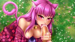 Rule 34 | 1boy, 1girl, animal ears, ayumi (fap ceo), breasts, cat ears, cat girl, cat tail, ceo (fap ceo), cum, cum in mouth, cum on fingers, cum on tongue, fap ceo, highres, medium breasts, nipples, nutaku, oral, penis, pink hair, red eyes, sex, tail, uncensored