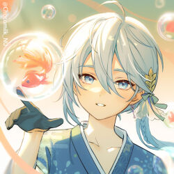 Rule 34 | 1boy, aged down, black gloves, blue eyes, blue hair, blue kimono, braid, blowing bubbles, child, chocomilk nu, earrings, edmond (nu carnival), fish, gloves, goldfish, japanese clothes, jewelry, kimono, light blue hair, long hair, long sleeves, looking at viewer, male focus, nu carnival, official alternate costume, print kimono, side ponytail, single earring