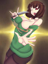 Rule 34 | 1girl, \m/, aged up, breasts, brown hair, chara (undertale), cleavage, heart, heart-shaped pupils, heart in mouth, heart necklace, highres, holding, jewelry, knife, kommankom, large breasts, looking at viewer, necklace, one eye closed, pantyhose, red eyes, solo, spoilers, symbol-shaped pupils, undertale